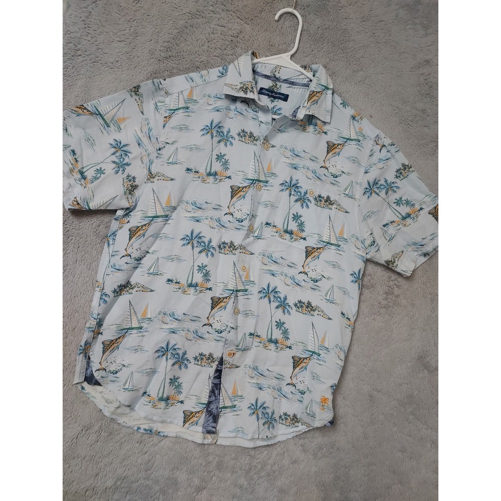 Tommy Bahama Shirt Men Small Novelty Linen Blend Blue Swordfish Nautical Sailing
